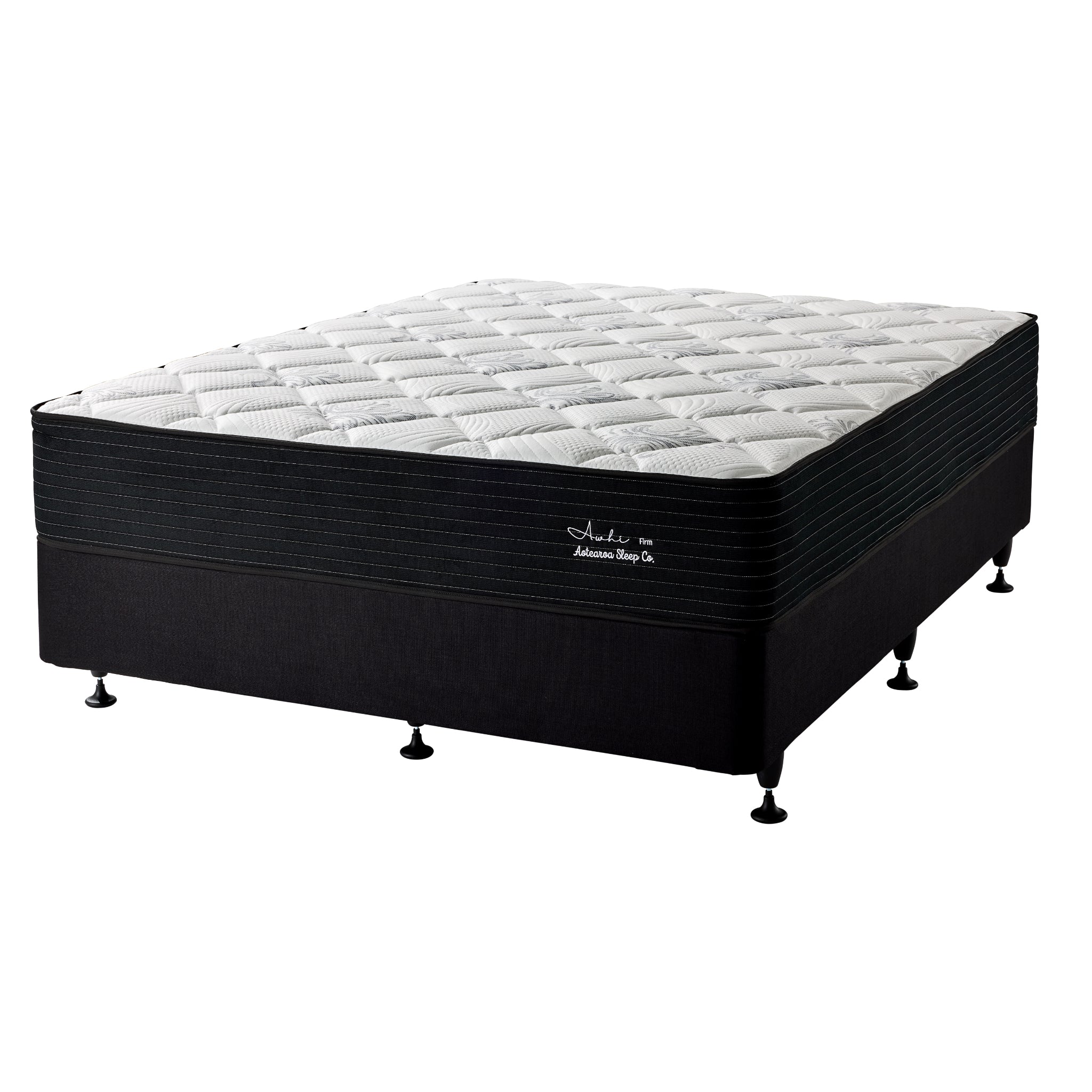 A new Awhi brand mattress, with a white quilted top, black sides, and legs, displayed on a plain background.